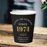 50th Birthday Name 1974 Black Gold Elegant Chic Paper Cups<br><div class="desc">Sophisticated 50th Birthday Unique Black & Gold Party Paper Cups. Celebrating a milestone birthday should be a memorable experience, and what better way to ensure that than with our sophisticated black and gold 50th Birthday Party Paper Cups? Designed in sleek black with an elegant gold highlight, these cups are printed...</div>