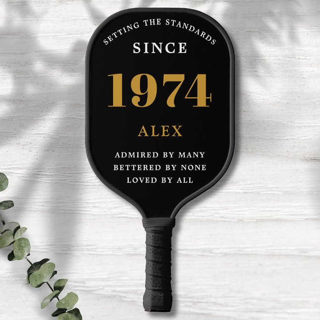50th Birthday Name 1974 Black Gold Elegant Chic Pickleball Paddle (Chic '1974' 50th Birthday Black and Gold Personalized Pickleball Paddle - Elegant Design for Sports.)