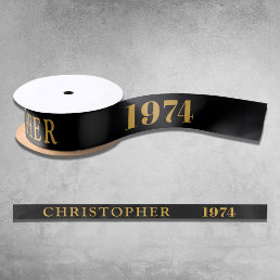 50th Birthday Name 1974 Black Gold Elegant Chic Satin Ribbon