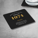 50th Birthday Name 1974 Black Gold Elegant Chic Square Paper Coaster<br><div class="desc">Premium 50th Birthday Black and Gold Personalized Paper Coasters - Celebration Elegance. Celebrate a milestone birthday in style with our chic, premium-quality, 50th Birthday paper coasters. Exquisitely designed with a striking black and gold color scheme, these coasters add a touch of luxury and sophistication to any 50th birthday bash. Express...</div>