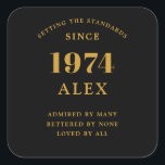 50th Birthday Name 1974 Black Gold Elegant Chic Square Sticker<br><div class="desc">50th Birthday 1974 Elegance: Exceptionally Chic Black and Gold Square Sticker. Celebrate your milestone in style with our Elegant Chic Square Sticker, spotlighting a classy black and gold color scheme. Crafted meticulously in honor of those born in 1974, this sticker adds a sophisticated touch to any 50th birthday celebration! Each...</div>