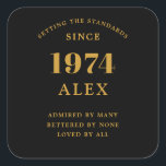 50th Birthday Name 1974 Black Gold Elegant Chic Square Sticker<br><div class="desc">50th Birthday 1974 Elegance: Exceptionally Chic Black and Gold Square Sticker. Celebrate your milestone in style with our Elegant Chic Square Sticker, spotlighting a classy black and gold color scheme. Crafted meticulously in honor of those born in 1974, this sticker adds a sophisticated touch to any 50th birthday celebration! Each...</div>