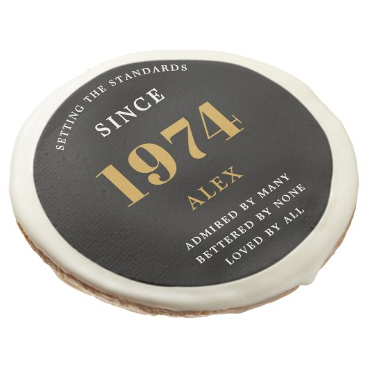 50th Birthday Name 1974 Black Gold Elegant Chic Sugar Cookie (Angled)