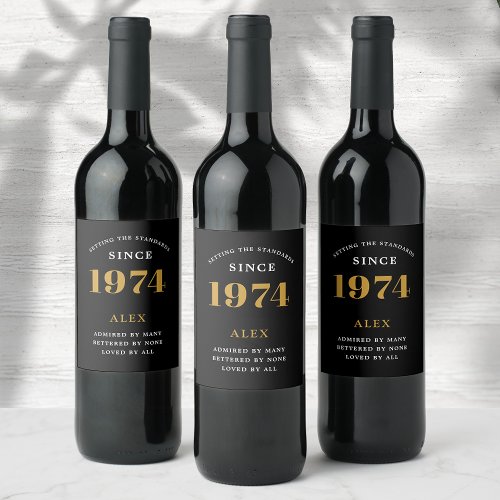 50th Birthday Name 1974 Black Gold Elegant Chic Wine Label