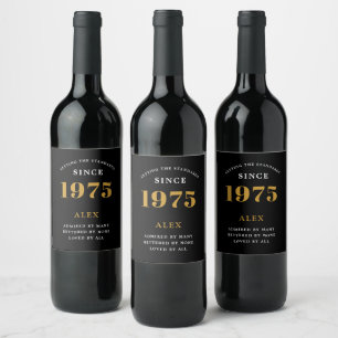50th Birthday Name 1975 Black Gold Elegant Chic Wine Label