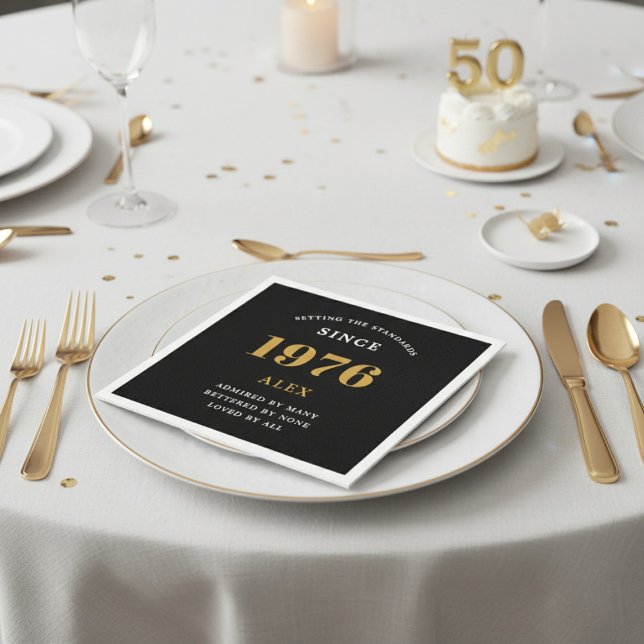 50th Birthday Name 1976 Black Gold Elegant Chic Napkins (1976 Napkin on a plate. White background.)