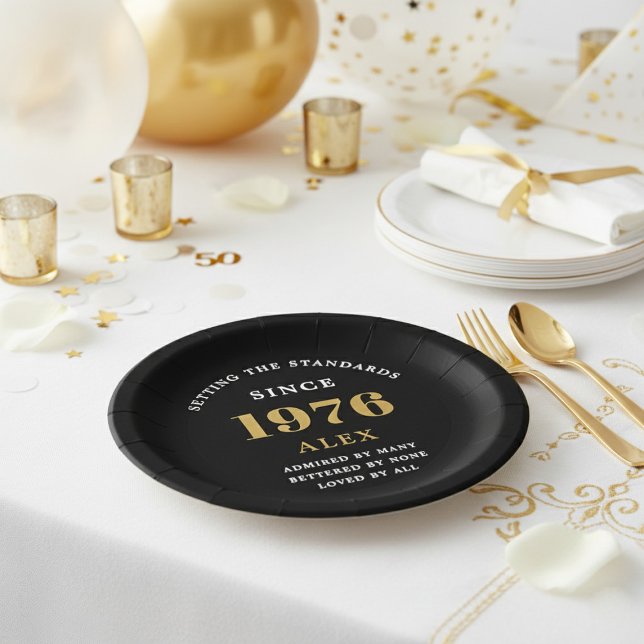 50th Birthday Name 1976 Black Gold Elegant Chic Paper Plates (1976 black, birthday paper plate. White background. )