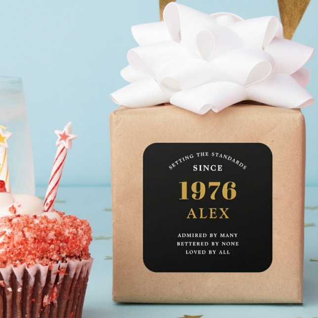 50th Birthday Name 1976 Black Gold Elegant Chic Square Sticker (Born 1976 sticker on a wrapped parcel.)