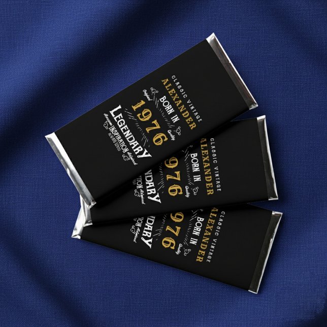 50th Birthday Name 1976 Black Gold Legend Hershey Bar Favors (Born 1976 Hershey Bar wrappers. Blue background.)
