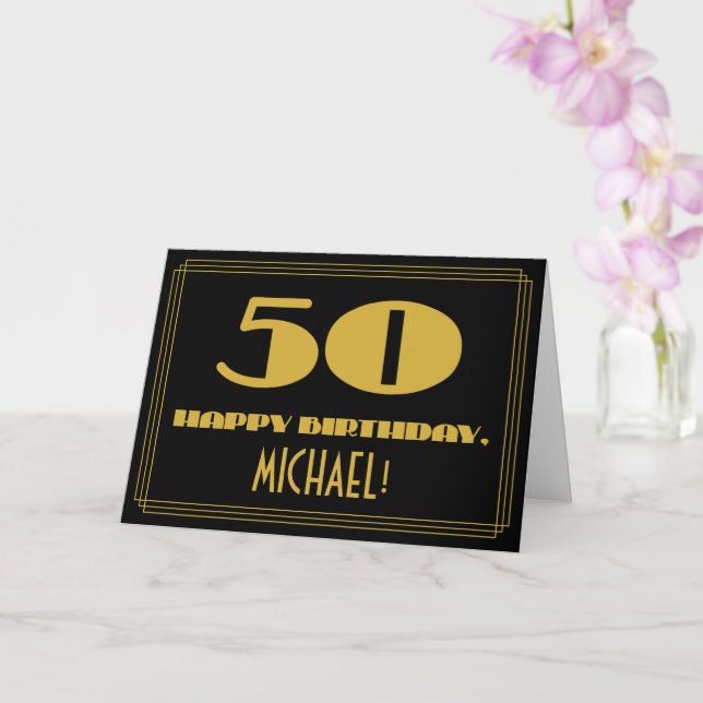 50th Birthday: Name + Art Deco Inspired Look "50" Card (Orchid)