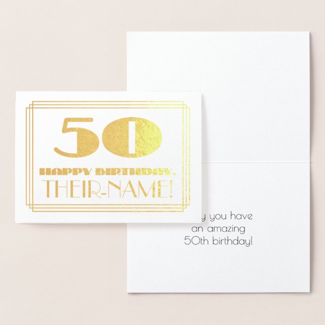 50th Birthday; Name + Art Deco Inspired Look "50" Foil Card (Display)