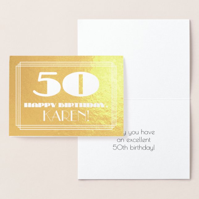 50th Birthday: Name + Art Deco Inspired Look "50" Foil Card (Display)