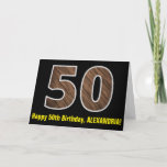 [ Thumbnail: 50th Birthday: Name + Faux Wood Grain Pattern "50" Card ]