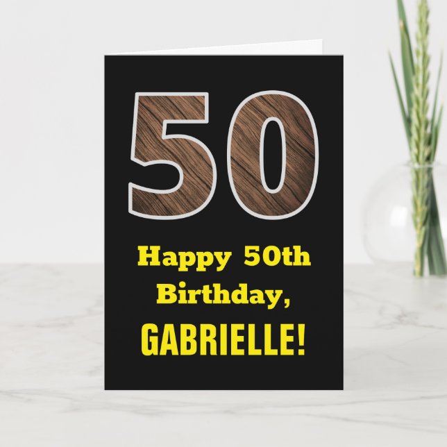 50th Birthday: Name, Faux Wood Grain Pattern "50" Card (Front)