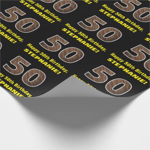 50th Birthday: Name & Faux Wood Grain Pattern "50" Wrapping Paper