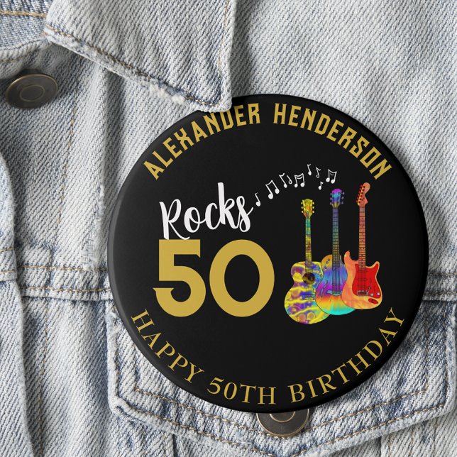 50th Birthday Name Guitars Music Rock 50 Button (Rock and roll 50th birthday button personalized rocks 50 gold typography & funky psychedelic guitars)
