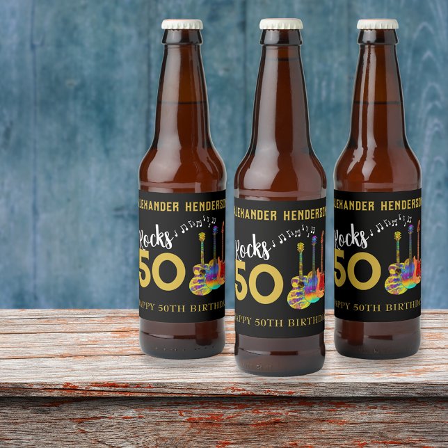 50th Birthday Name Guitars Music Rocks 50 Beer Bottle Label (Rock and roll 5oth birthday party personalized beer labels cool funky guitars gold and black)