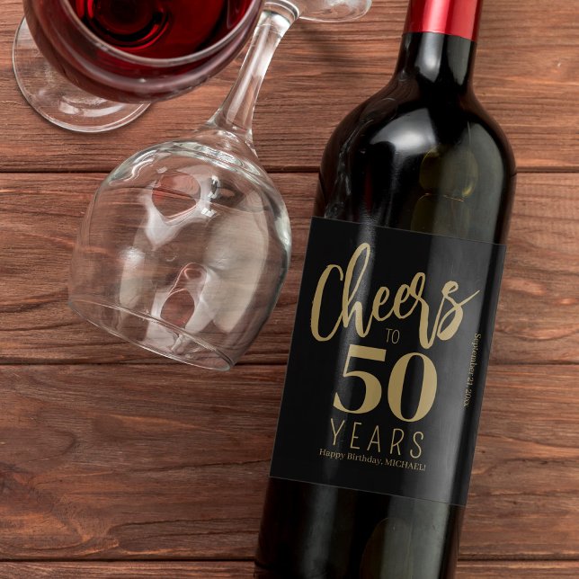 50th Birthday name personalized cheers gold black Wine Label (Creator Uploaded)
