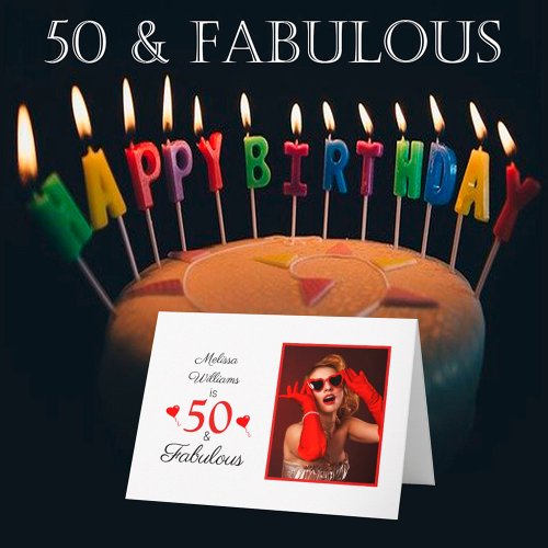 50th Birthday Name Photo 50 and Fabulous Red Heart Card
