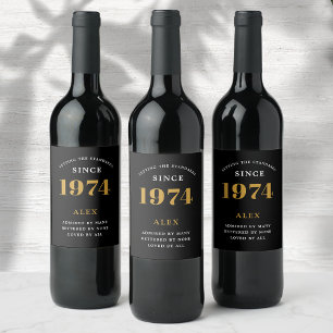 50th Birthday Name Year  Black Gold Elegant Chic Wine Label