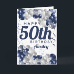 50th Birthday Navy Balloons Celebration Card<br><div class="desc">A gorgeous navy and silver balloon happy 50th (or any age) birthday card. This fabulous design is the perfect way to wish someone a happy fiftieth birthday (or any age!) Personalize with our own custom name and message. Blue colored typography and gorgeous navy blue and silver balloons.</div>