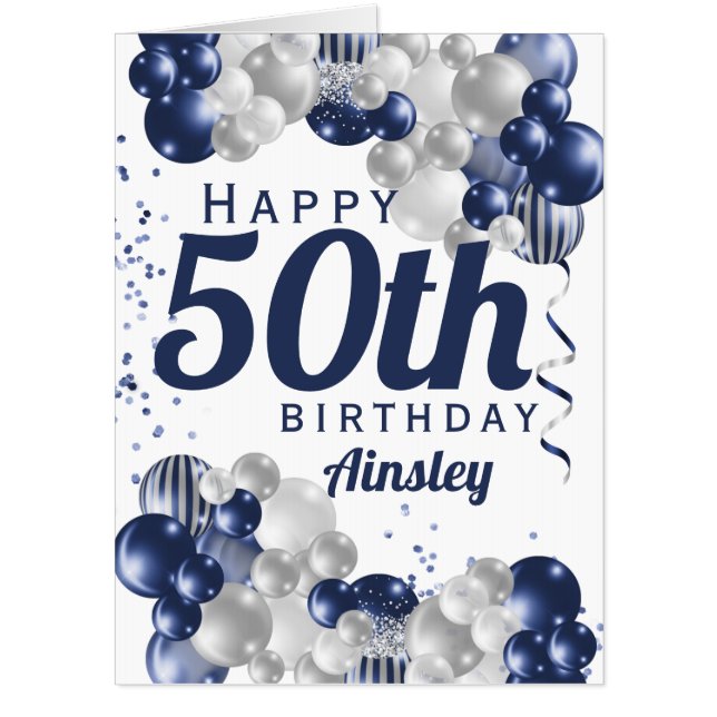 50th Birthday Navy Balloons Oversized Card (Front)