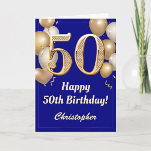 50th Birthday Navy Blue and Gold Balloons Confetti Card