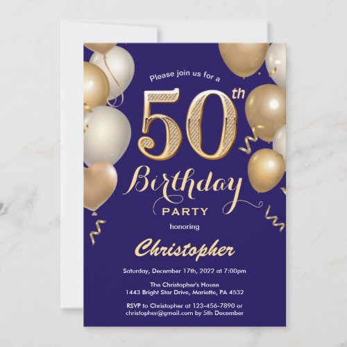 50th Birthday Navy Blue and Gold Balloons Confetti Invitation