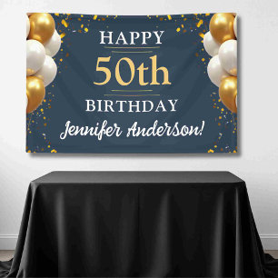 50th Birthday Navy Blue and Gold Celebration Banner