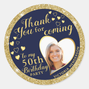 50th Birthday Navy Blue and Gold Favor Thank You Classic Round Sticker
