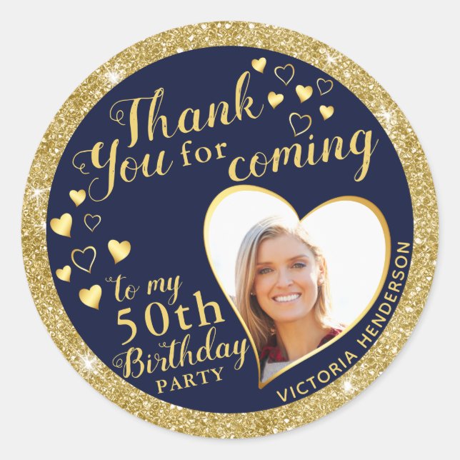 50th Birthday Navy Blue and Gold Favor Thank You Classic Round Sticker (Front)