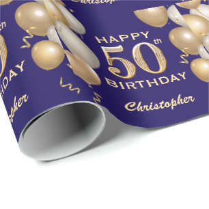 50th Birthday Navy Blue and Gold Glitter Balloons Wrapping Paper