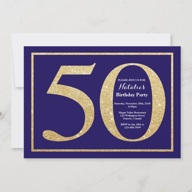 50th Birthday Navy Blue and Gold Glitter Invitation (Front)