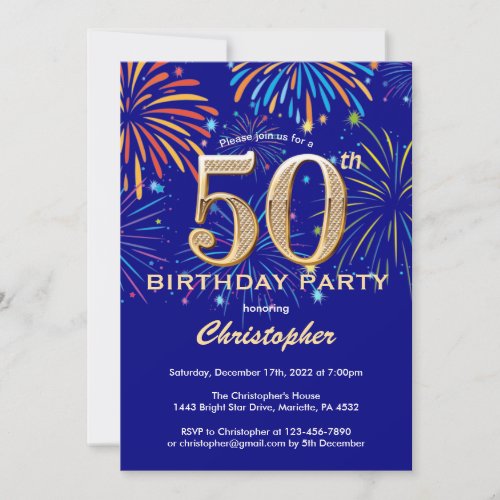50th Birthday Navy Blue and Gold Rainbow Fireworks Invitation