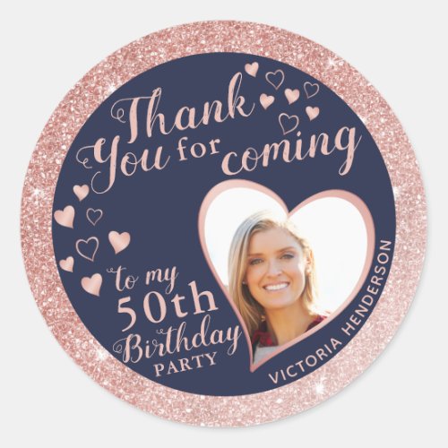 50th Birthday Navy Blue and Rose Gold Thank You Classic Round Sticker