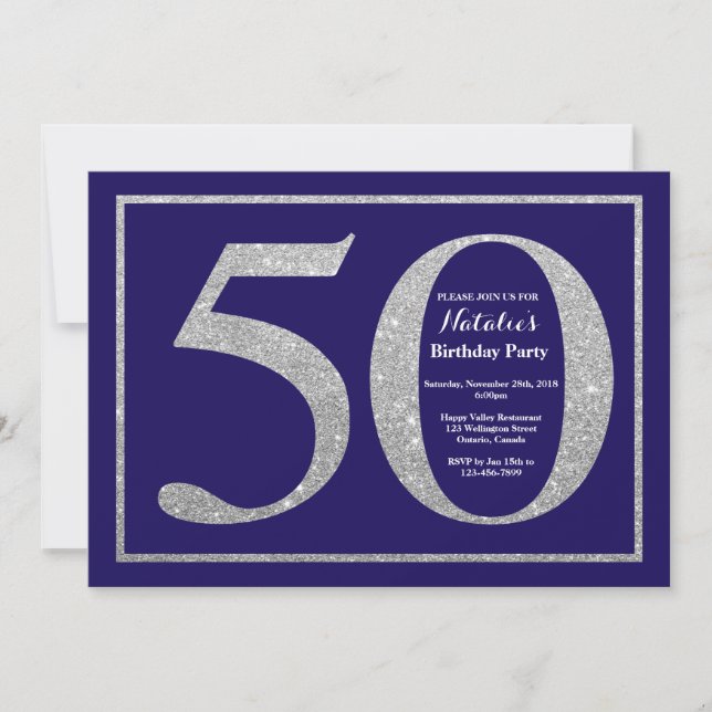 50th Birthday Navy Blue and Silver Glitter Invitation (Front)