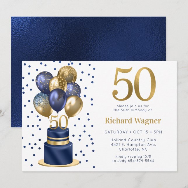 50th Birthday Navy Blue Balloon Cake Invitation (Front/Back)