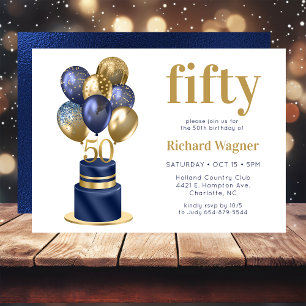50th Birthday Navy Blue Balloon Cake Invitation