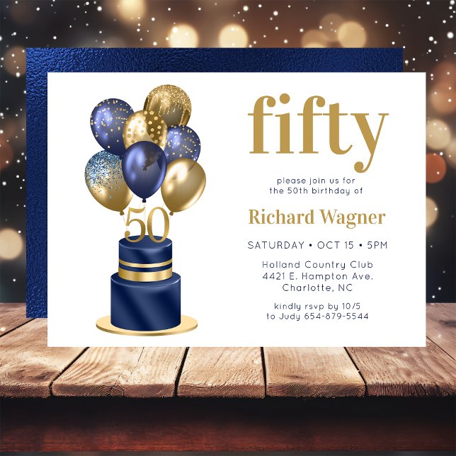 50th Birthday Navy Blue Balloon Cake Invitation (Creator Uploaded)