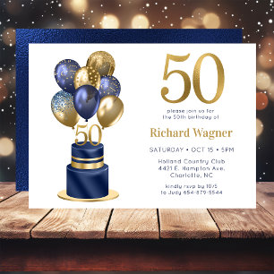 50th Birthday Navy Blue Balloon Cake Invitation