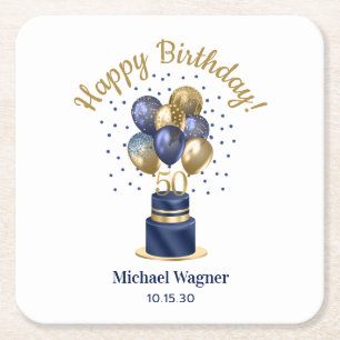 50th Birthday Navy Blue Balloon Cake Square Paper Coaster