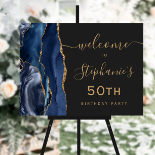 50th Birthday Navy Blue Gold Agate Dark Welcome Foam Board