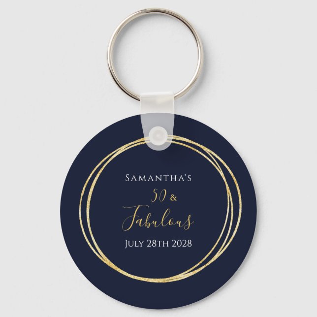 50th Birthday Navy Blue Gold Birthday Party Favors Keychain (Front)