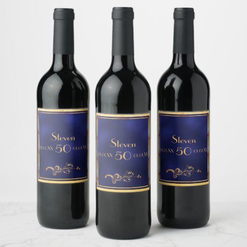 50th birthday navy blue gold classic elegant wine label