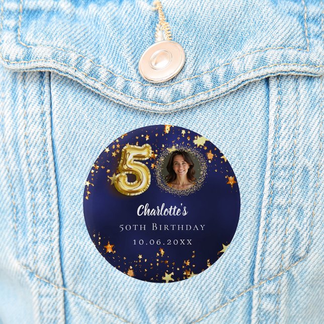50th birthday navy blue gold stars photo button (Creator Uploaded)