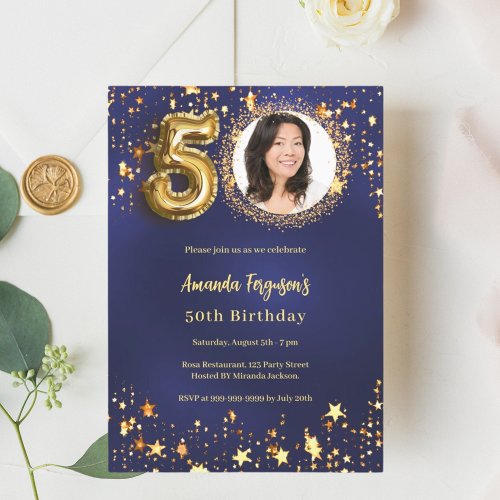 50th birthday navy blue gold stars photo invitation