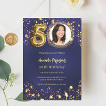50th birthday navy blue gold stars photo luxury invitation<br><div class="desc">A modern,  stylish photo invitation for a 50th birthday party.  A navy blue background,  decorated with golden stars. The blue color is uneven. Personalize and add your photo and party details.</div>
