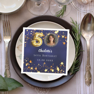 50th birthday navy blue gold stars photo napkins