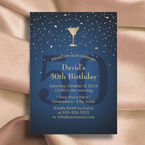 50th Birthday Navy Blue Modern Gold Cocktail Party Invitation