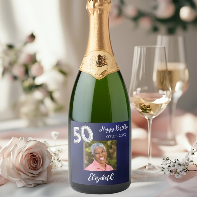 50th Birthday navy blue photo Sparkling Wine Label (Creator Uploaded)